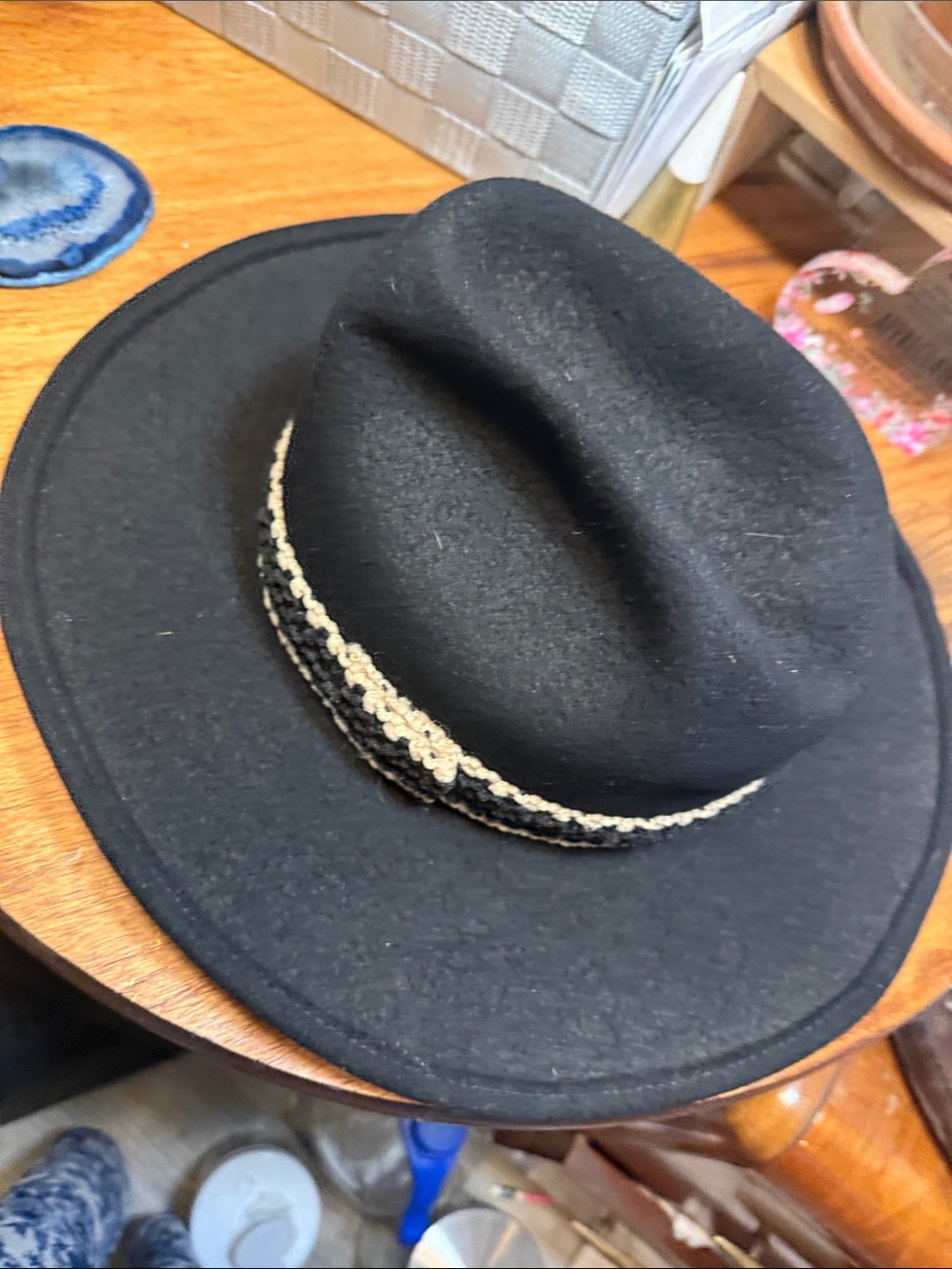 Black Wide-Brim Fedora Hat with Decorative Braid